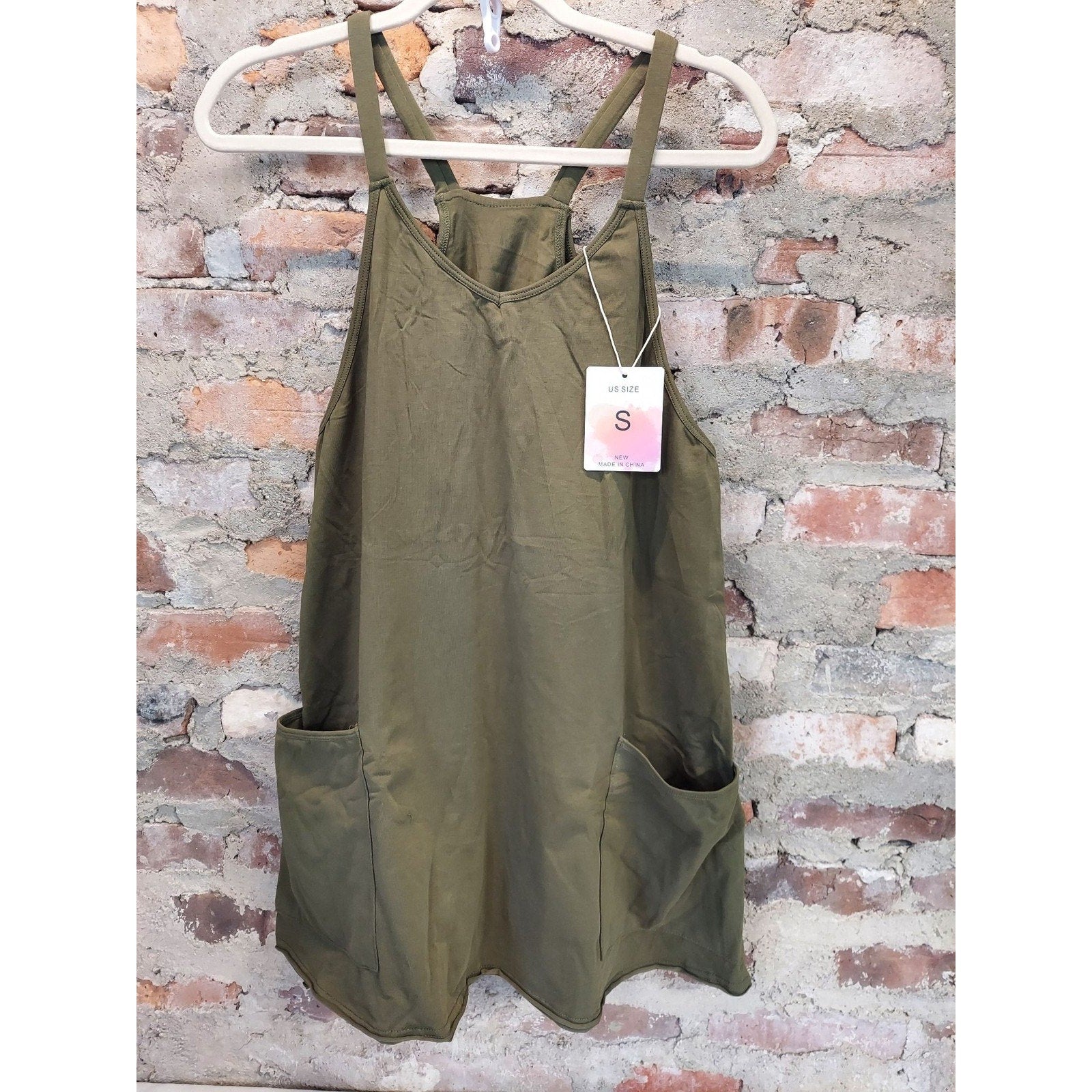 Womens Overall Romper Size S Olive Green Sleeveless Pockets Casual Jumpsuit