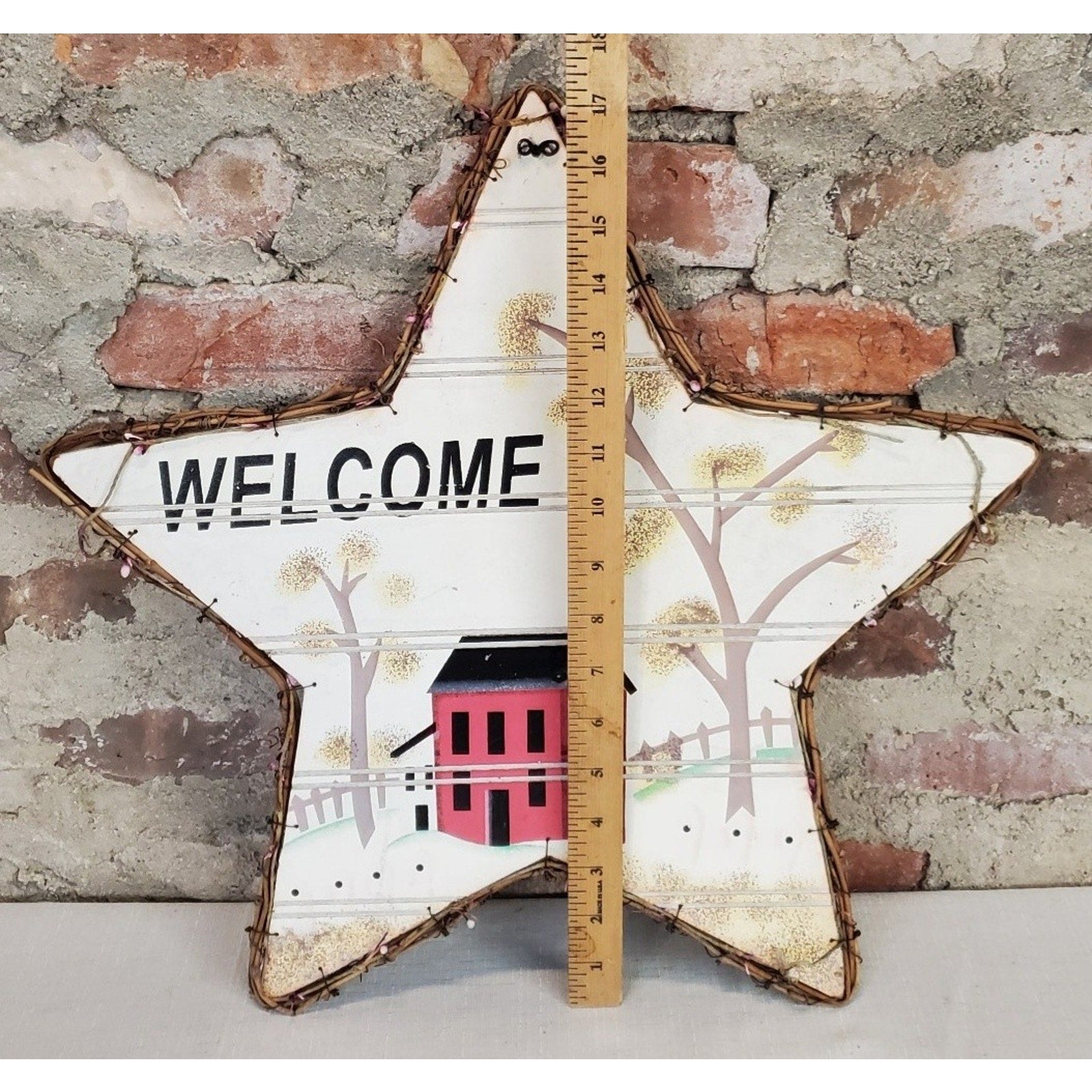 Welcome Sign Star Farmhouse Country Rustic Wall Decor Wooden Twig Red House