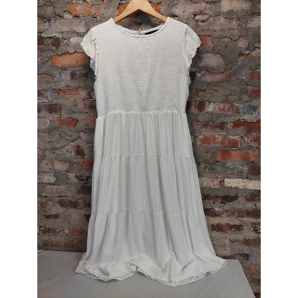 ZESICA Womens Dress XXL White Smocked Bodice Tiered Flutter Sleeve Midi