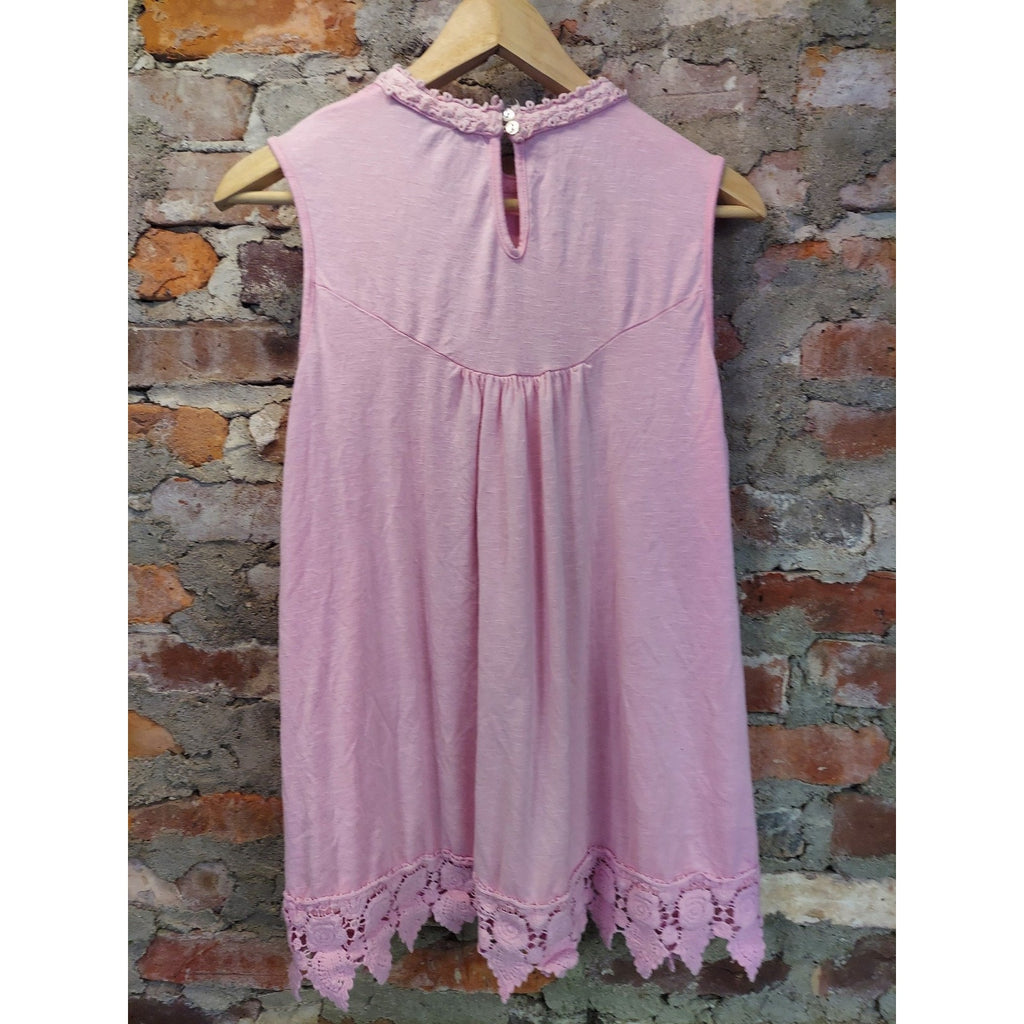 Suzanne Betro Womens Sleeveless Top 2X Pink Lace Yoke Crochet Trim High Neck