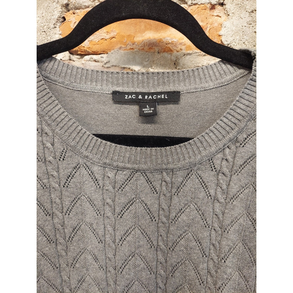 ZAC & RACHEL Womens Sweater L Gray Cable Knit 3/4 Puff Sleeve Pullover Crew Neck