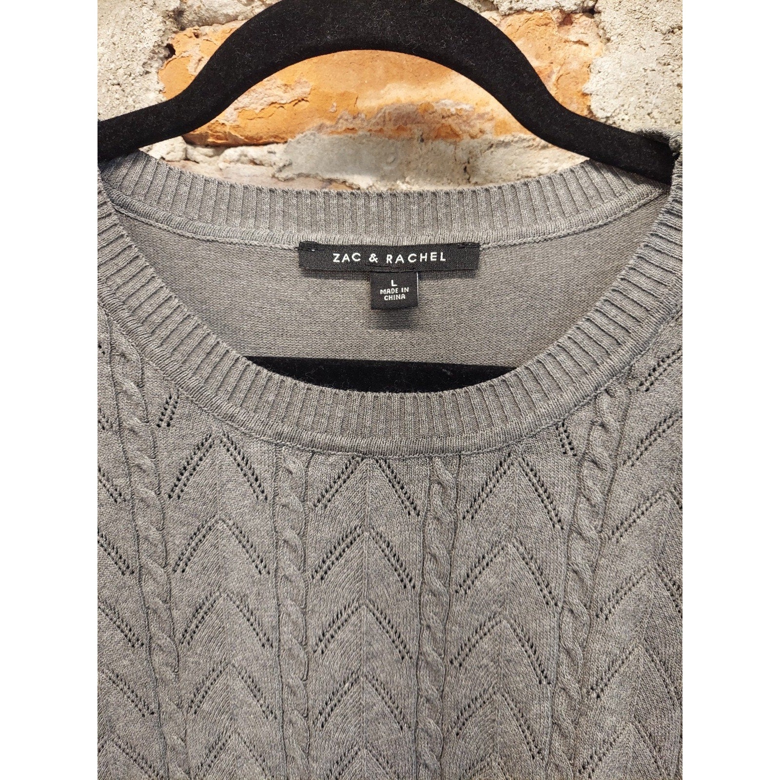 ZAC & RACHEL Womens Sweater L Gray Cable Knit 3/4 Puff Sleeve Pullover Crew Neck