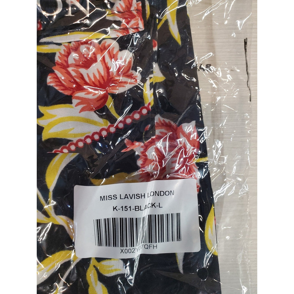Miss Lavish London Womens Kaftan Maxi Dress L Black Floral V Neck Flowy Resort