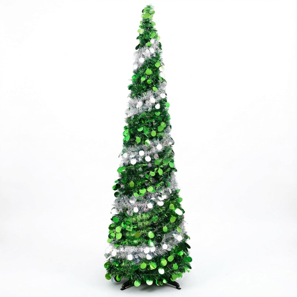 Pop Up Christmas Tree 3 4 5 Foot Tinsel Green Silver Collapsible Holiday Decor