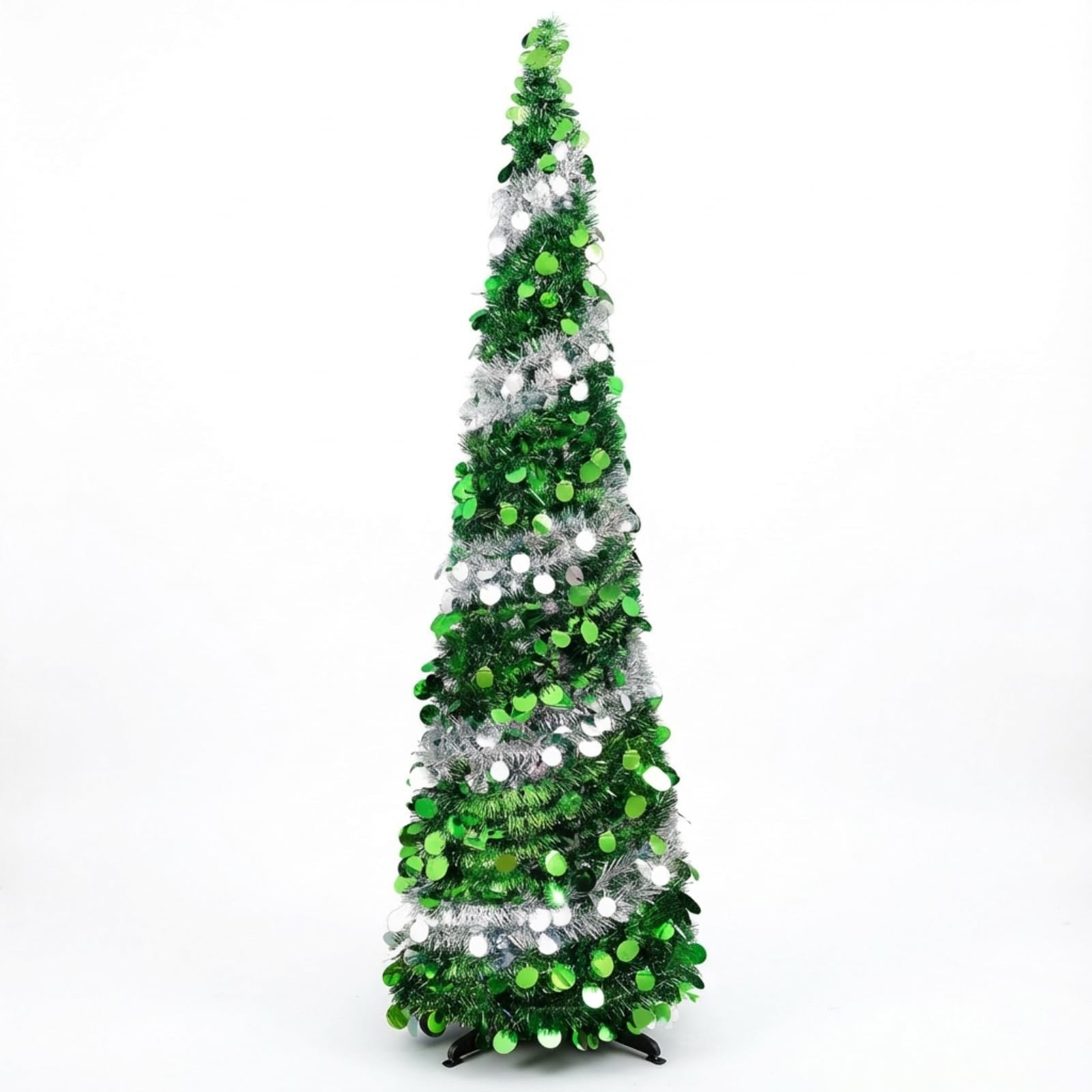Pop Up Christmas Tree 3 4 5 Foot Tinsel Green Silver Collapsible Holiday Decor