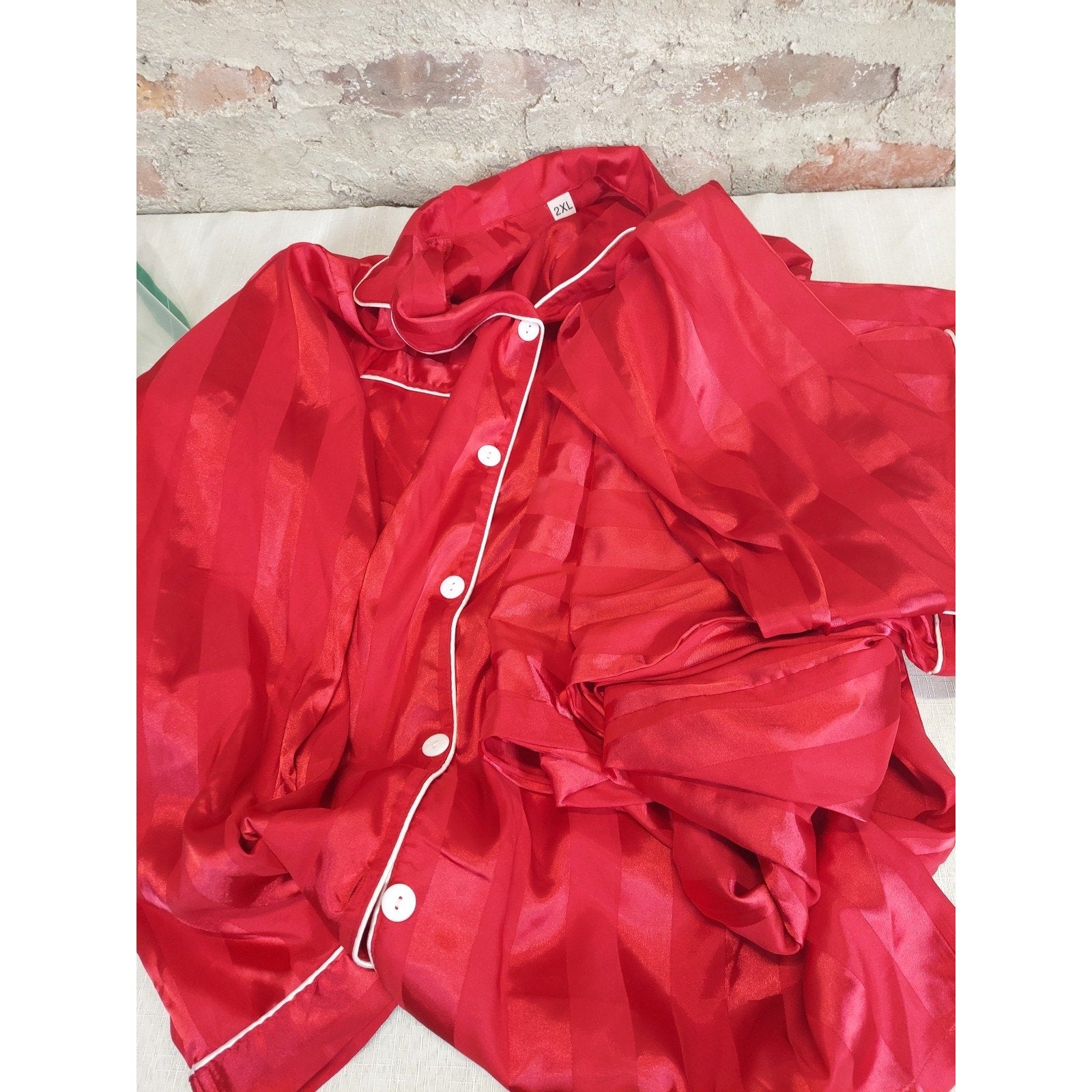 Womens Pajama Set 2XL Red Striped Button Down Silky Loungewear Sleepwear