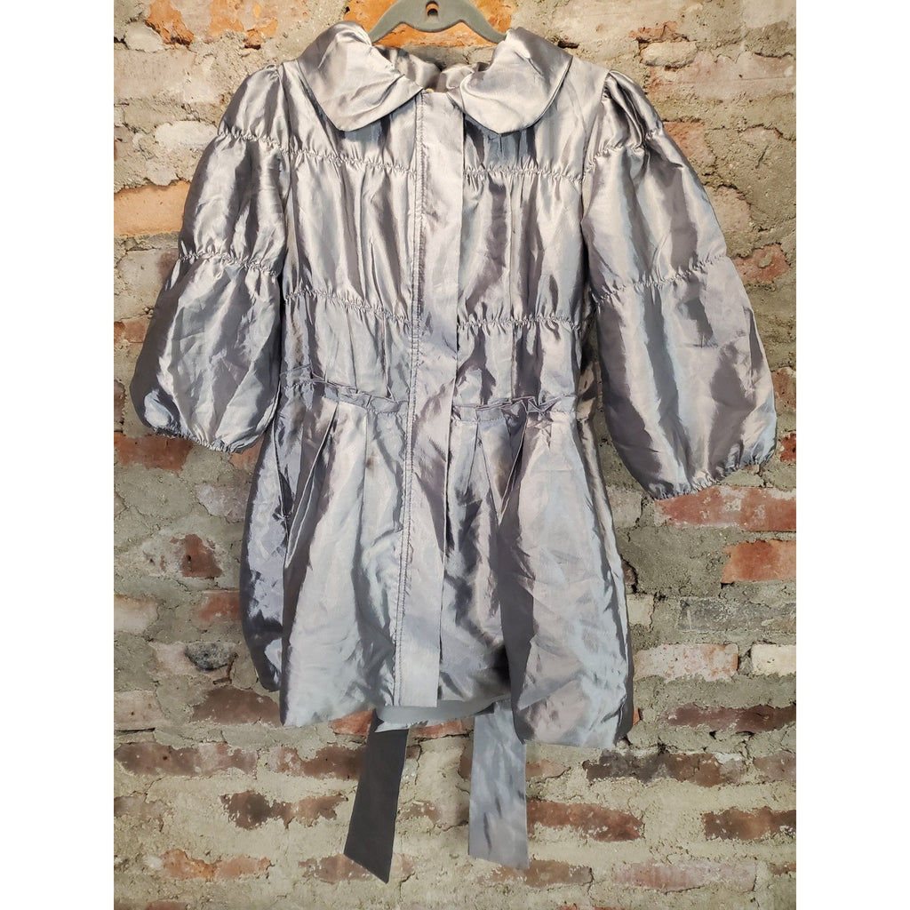 Oboe Girls Silver Jacket L Puff Sleeve Tie Waist Collared Polyester