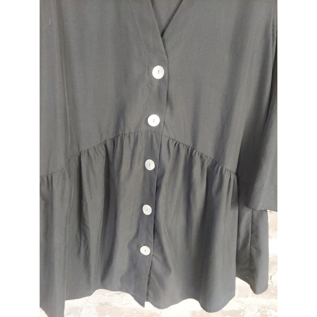 Zara Womens Peplum Blouse M Black Button Front Long Sleeve Flowy Tunic Top