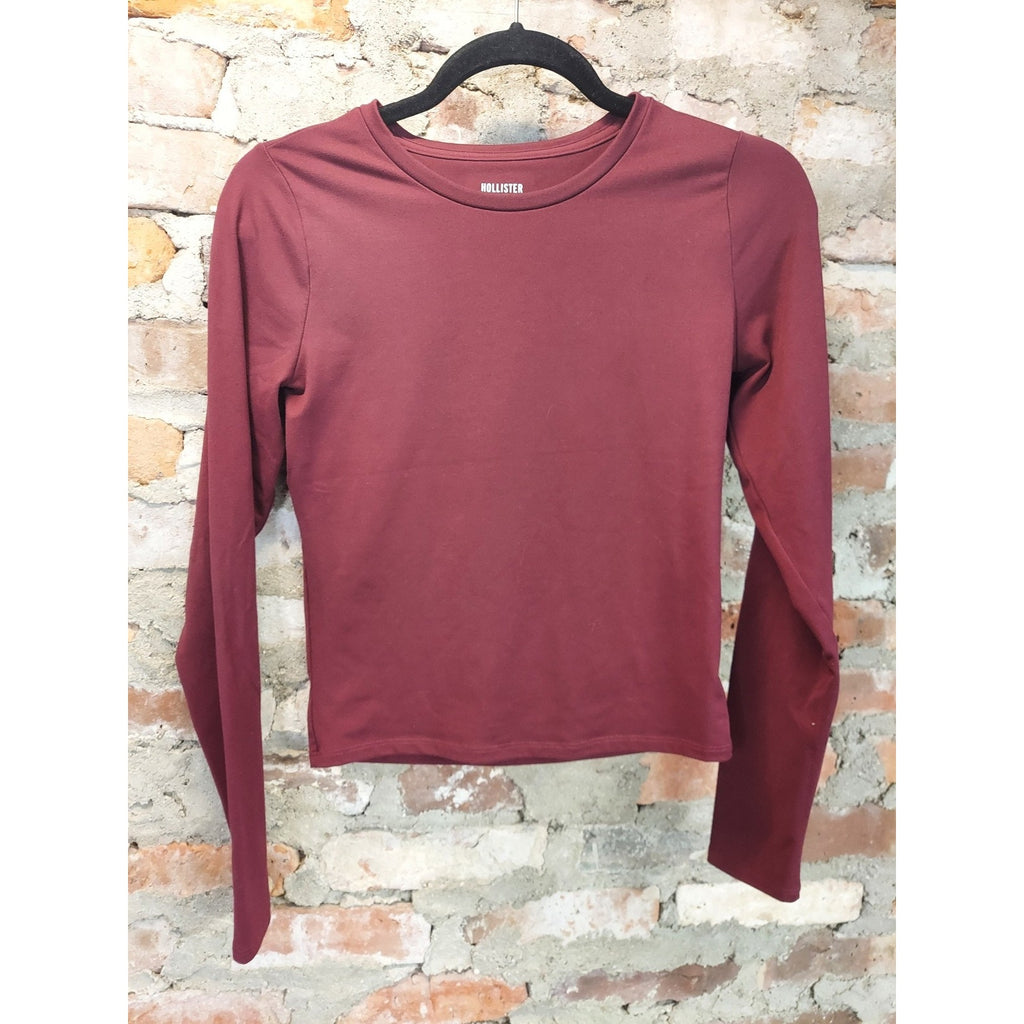 Hollister Womens Long Sleeve Crop Top M Long Maroon Crew Neck Shirt