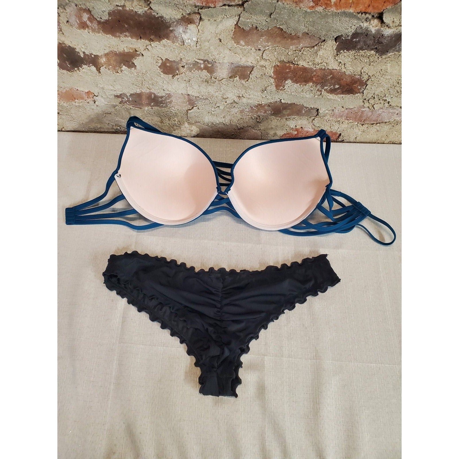 Shade Shore Womens Bikini Set L Teal Black Padded Strappy Ruffle Swimsuit 36DD