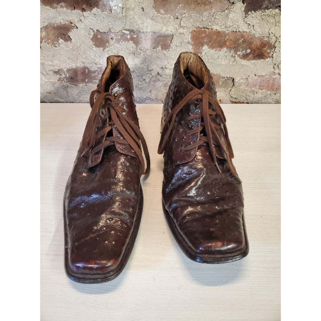 Mens Ostrich Leather Lace Up Ankle Boots 12M Square Toe Brown Dress