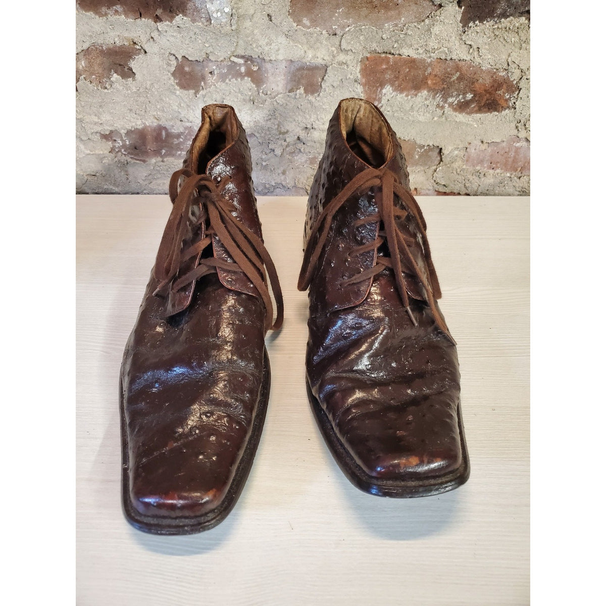 Mens Ostrich Leather Lace Up Ankle Boots 12M Square Toe Brown Dress
