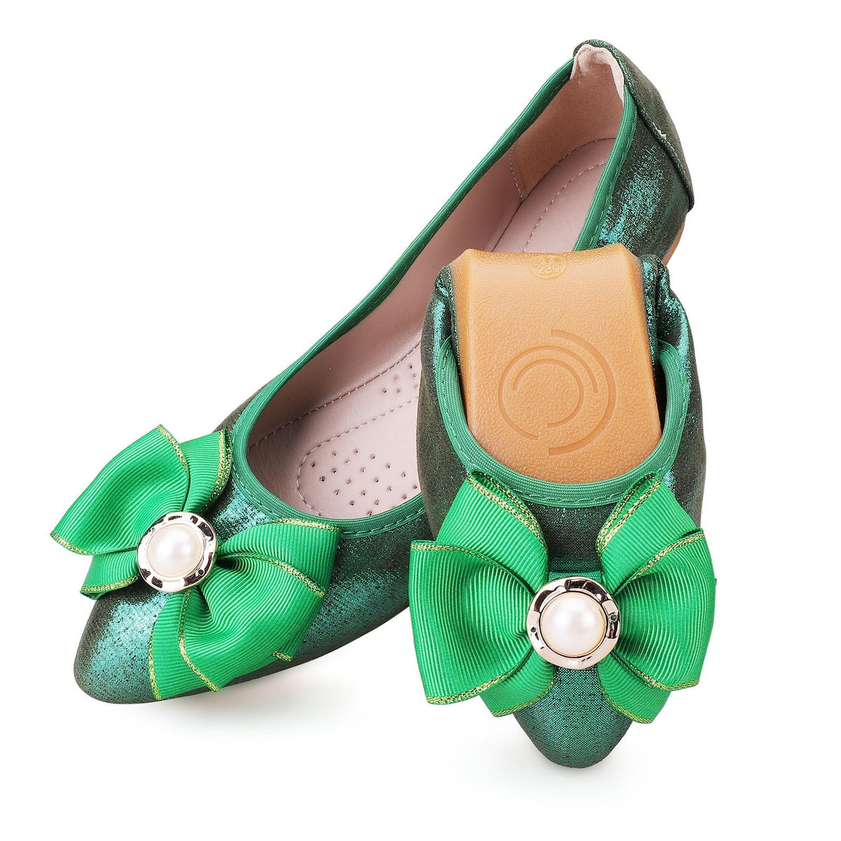 Womens Sz 8.5 Foldable Ballet Flats Green Sparkly Bow Faux Pearl Travel Shoes