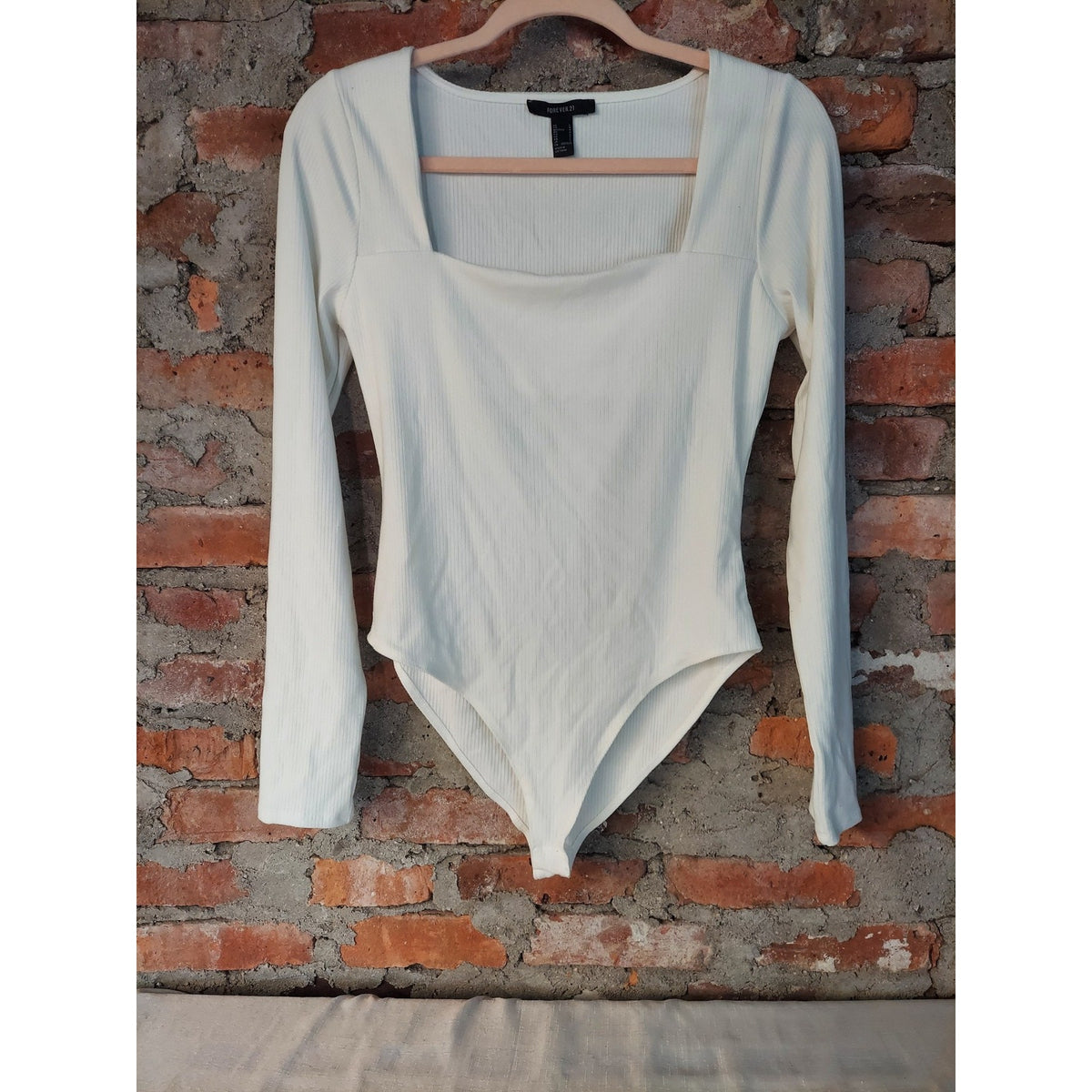 Forever 21 Womens Bodysuit L White Square Neck Long Sleeve Ribbed Knit Stretch