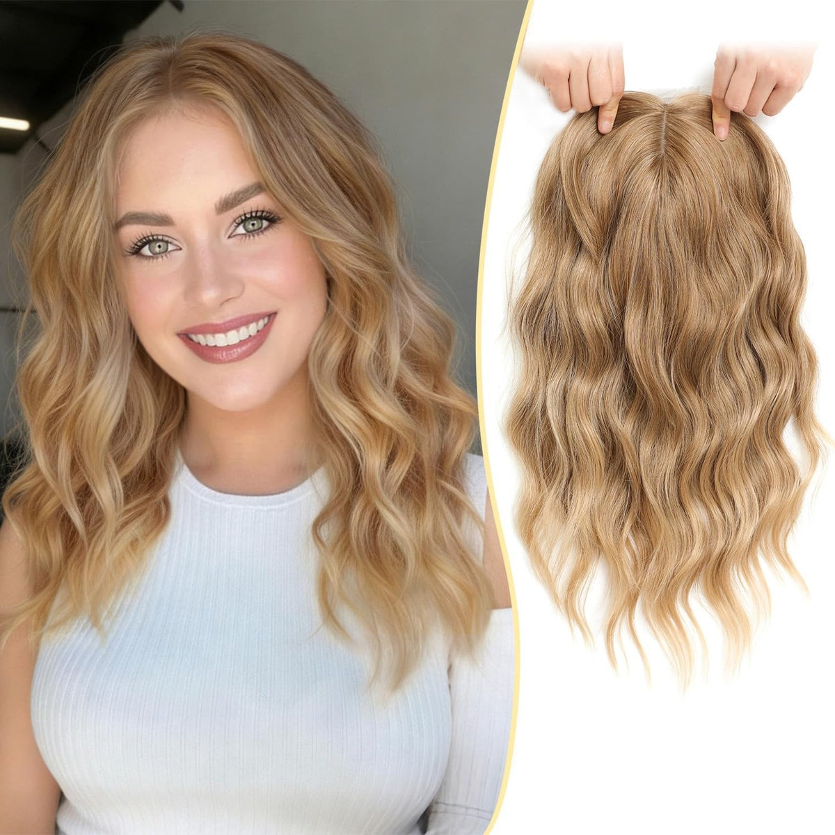 Womens Blonde Wavy Hair Topper 16 Inch 6.5x6.5 Base Full Volume Clip In