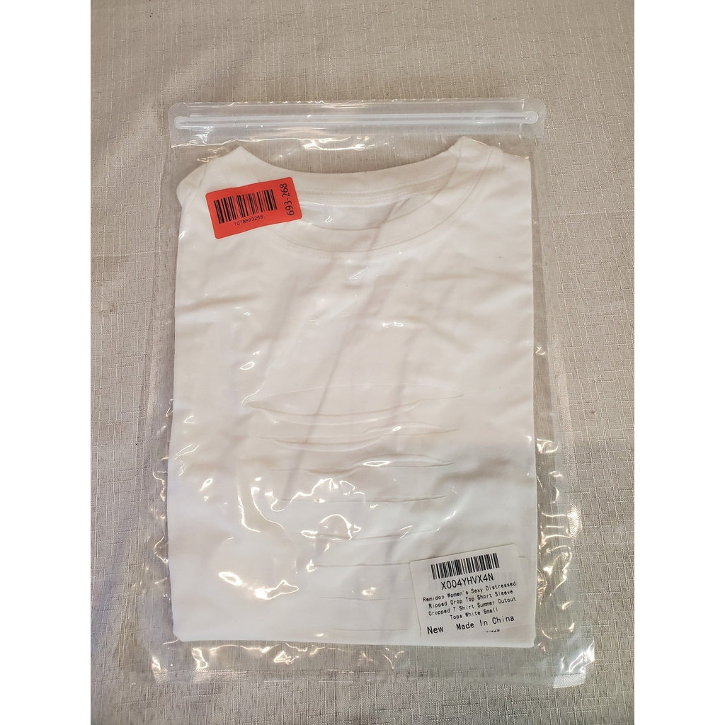 Renidoo Womens Distressed Crop Top Small White Ribbed Short Sleeve T Shirt