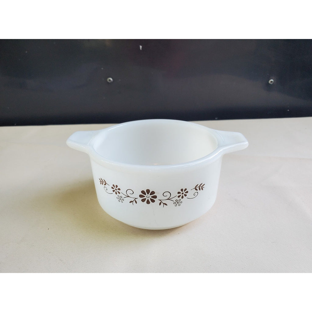 Vintage Dynaware Oval 4.5" Casserole Pyr-O-Rey Brown Daisy White Milk Glass