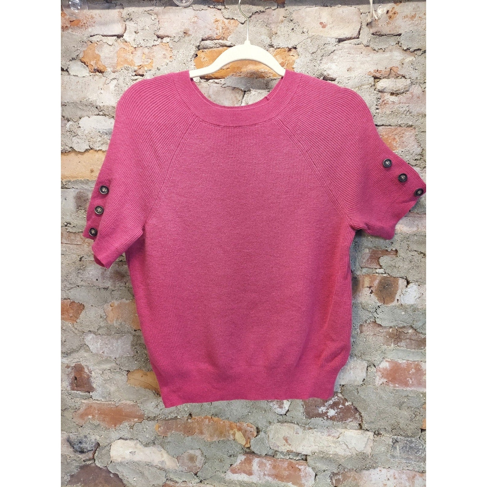 ARACH&CLOZ Womens Pink Short Sleeve Button Sleeve Ribbed Knit Pullover Sweater S