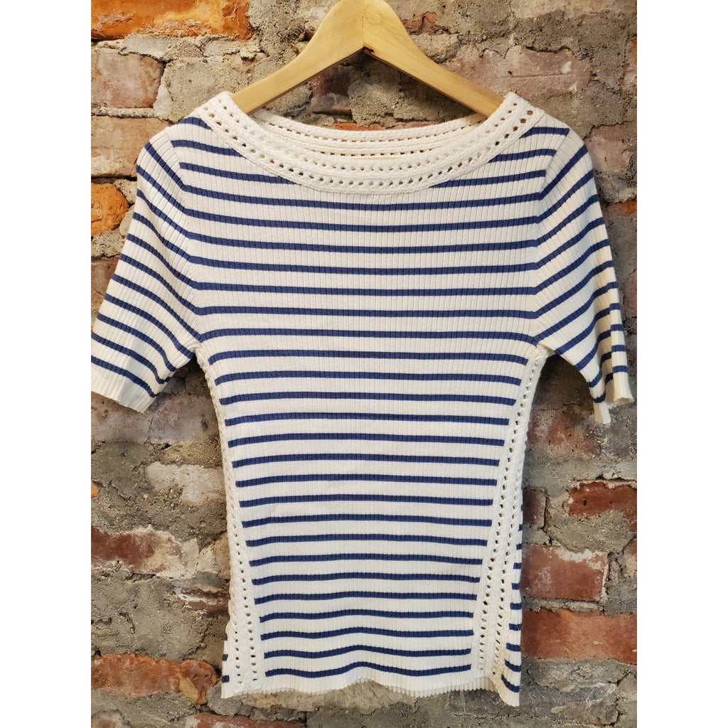 LOFT Womens Ribbed Knit Top M White Blue Striped Boat Neck Crocheted