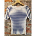 LOFT Womens Ribbed Knit Top M White Blue Striped Boat Neck Crocheted
