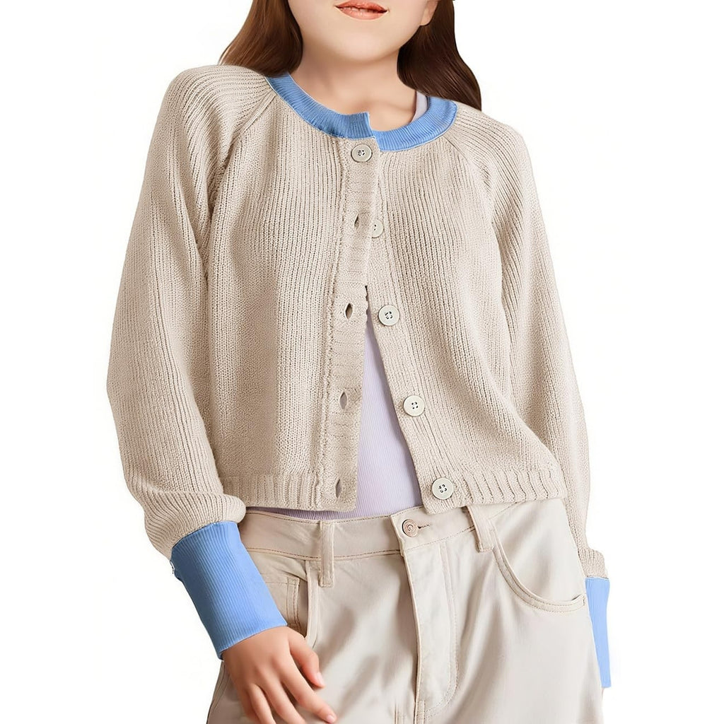 Girls Sz 10-12 Cardigan Sweater Beige Blue Knit Button Up Raglan Sleeve Long NEW