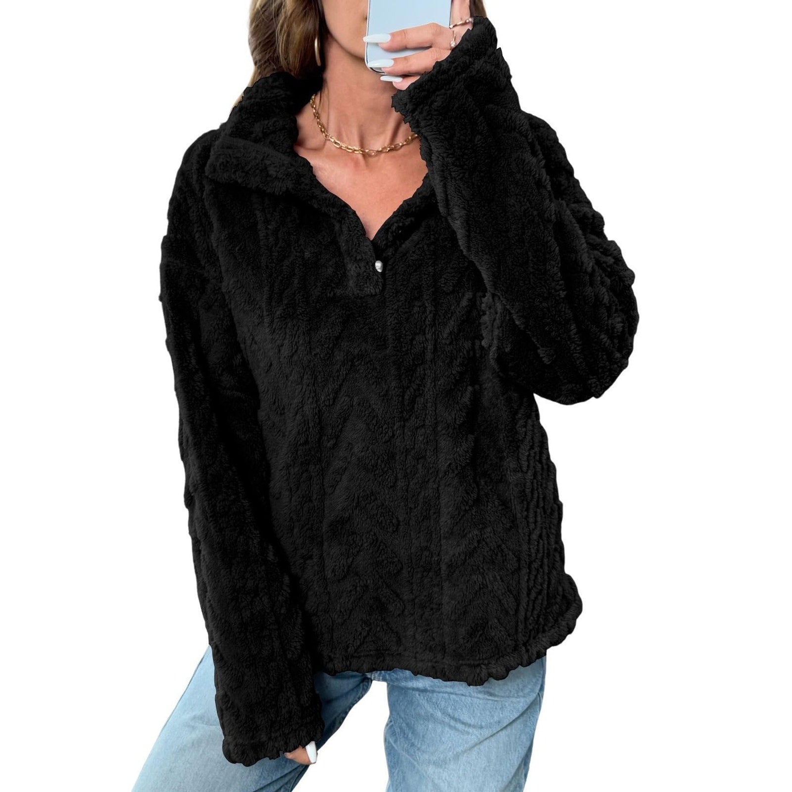 BLENCOT Womens Sherpa Pullover XL Black Fuzzy Fleece Quarter Snap Collar
