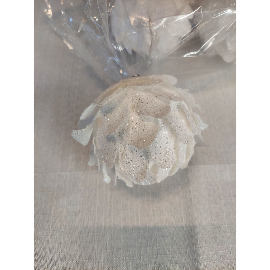 White Glitter Christmas Pinecone Ornament Set 4 Holiday Decor 2.5 Inch
