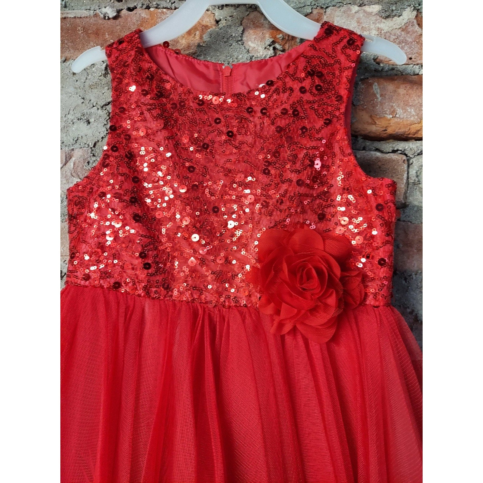 Rare Editions Girls Dress Size 5 Red Sequins Tulle Tiered Flower Sleeveless