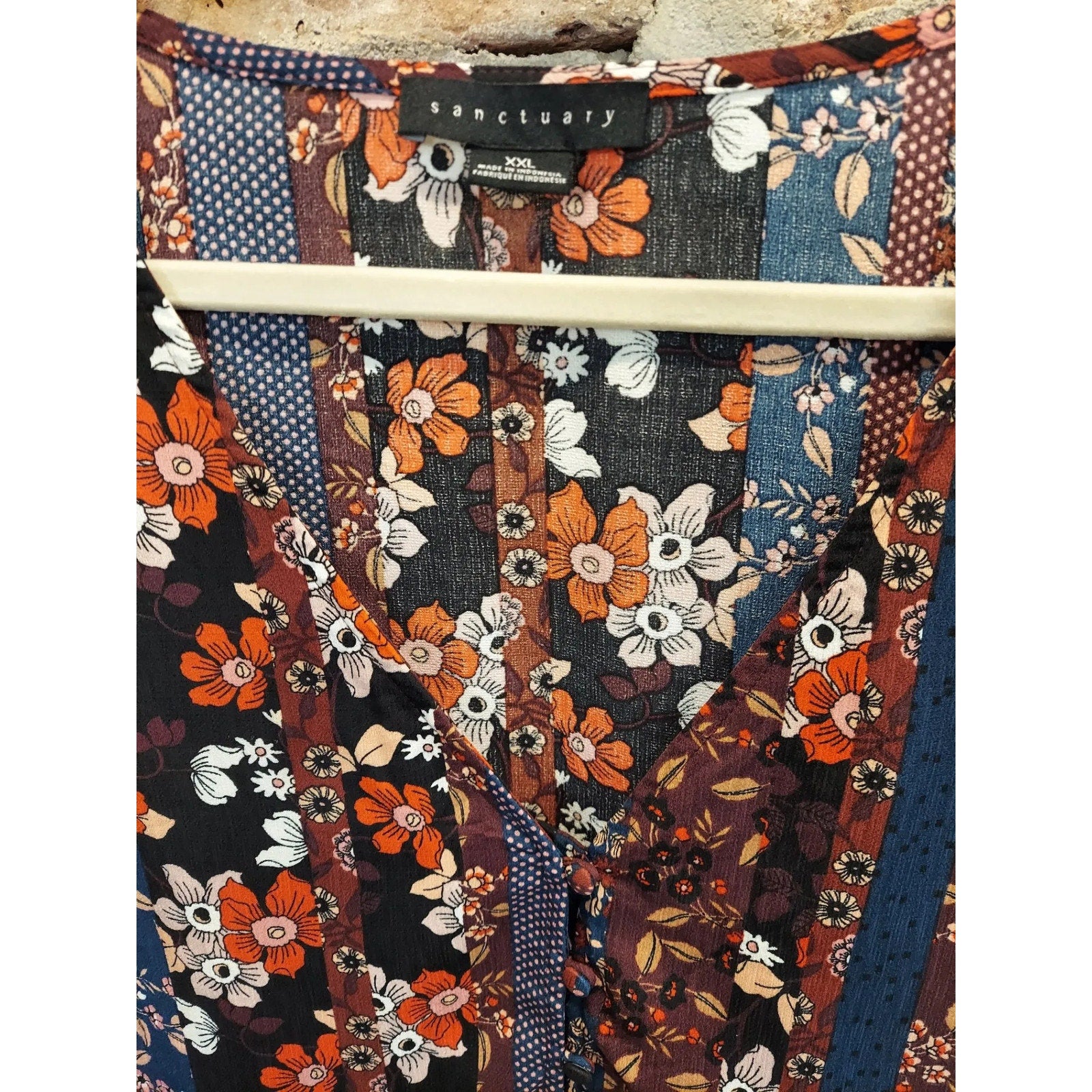 Sanctuary Womens Patchwork Floral Blouse Top XXL Multicolor Short Sleeve