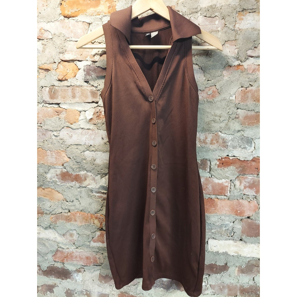 H&M Womens Dress S Brown Ribbed Collared Sleeveless Button Front Mini Bodycon