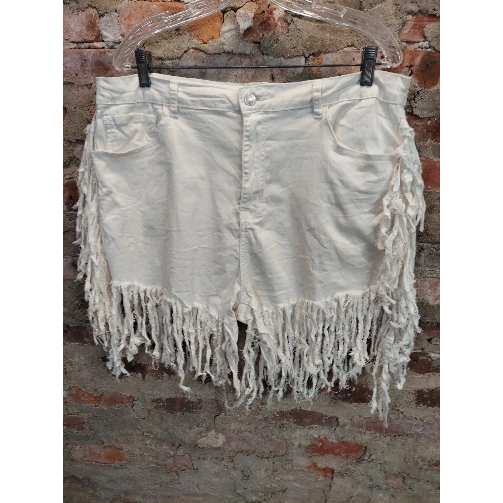 American Bazi Womens Fringe Jean Shorts Size 2X White Denim Cutoff Boho Festival