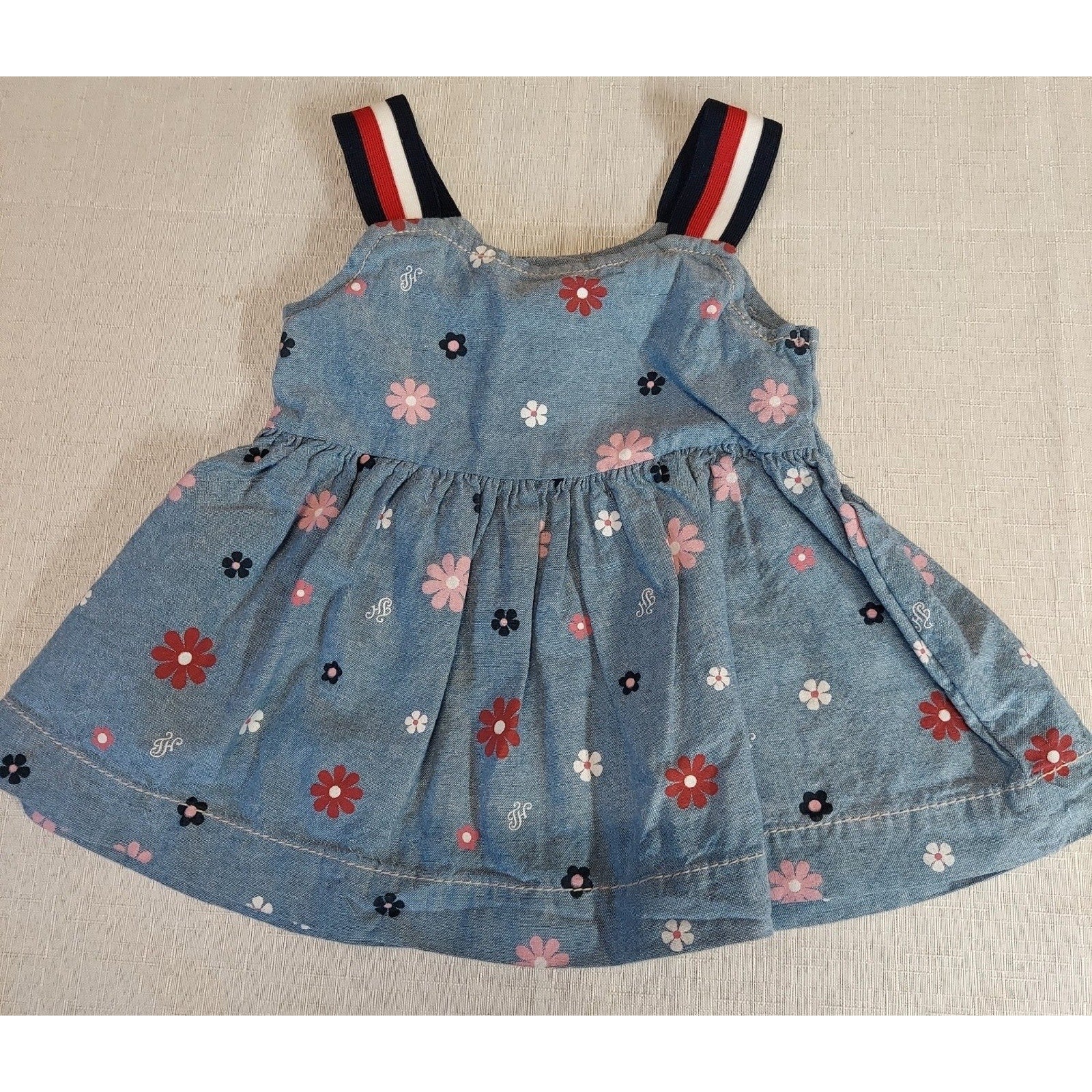 Tommy Hilfiger Baby Girl Floral Denim Dress 12M Sundress Striped Straps