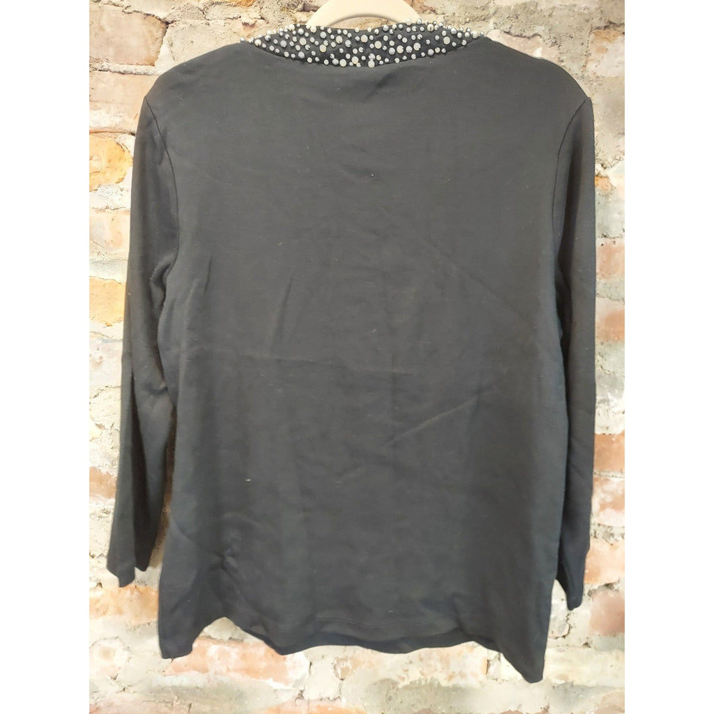 Rafaella Womens Tunic Top XL Black Pearl Embellished V Neck Long Sleeve
