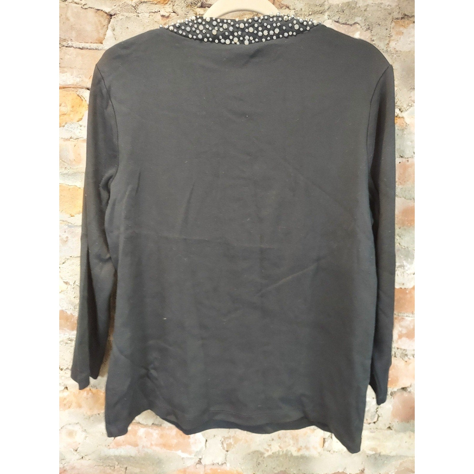 Rafaella Womens Tunic Top XL Black Pearl Embellished V Neck Long Sleeve