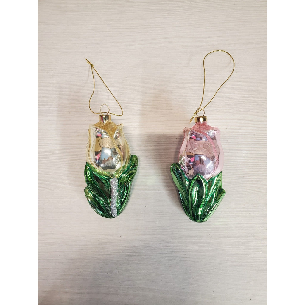 Blown Glass Christmas Ornaments Rose Flower Pink Gold Green Glitter Set of 2