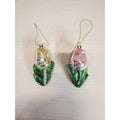 Blown Glass Christmas Ornaments Rose Flower Pink Gold Green Glitter Set of 2
