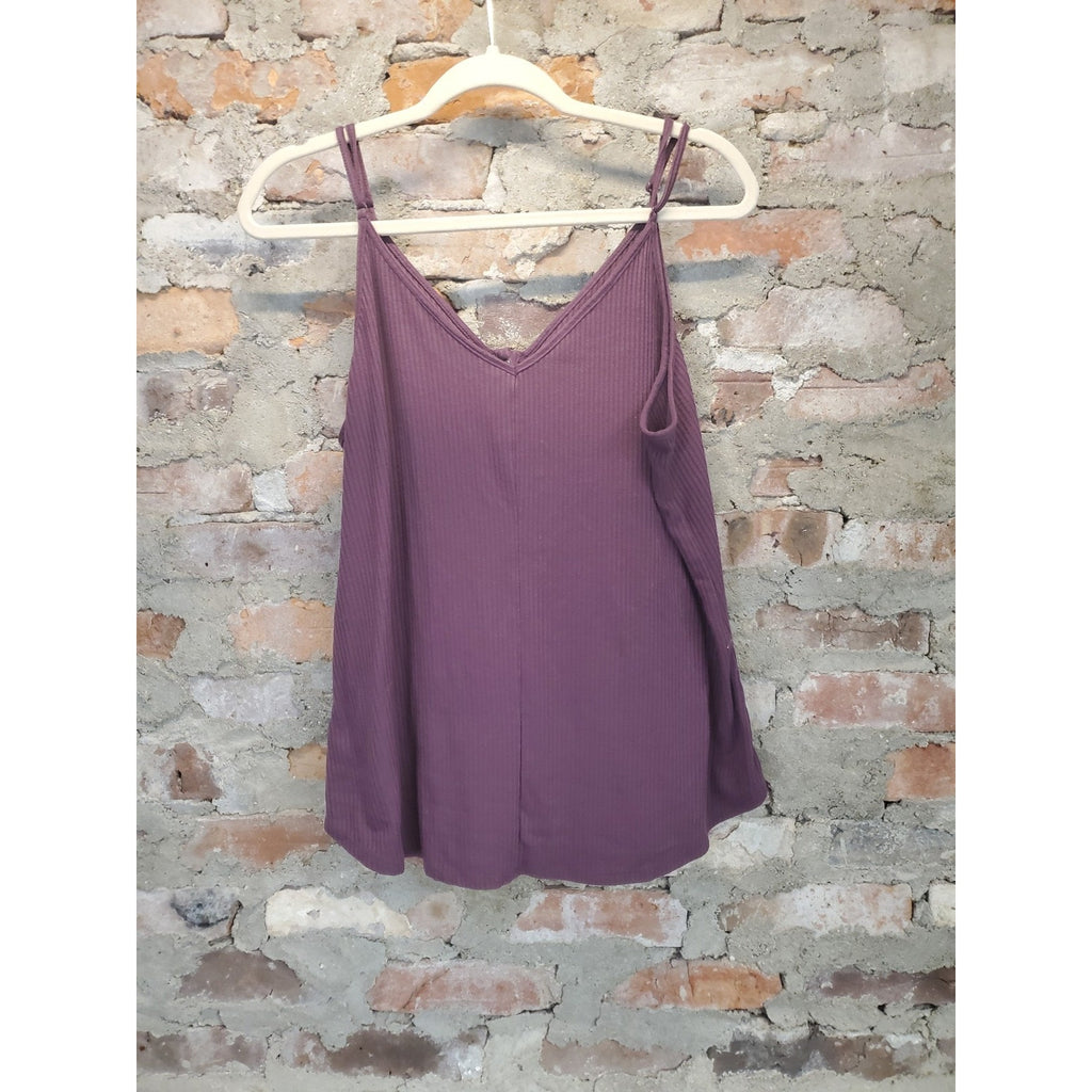 ZENANA Womens Ribbed Tank Top 2X Plum V Neck Button Front Spaghetti Strap