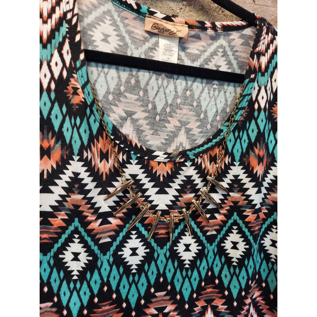 Ginger G Womens Plus 1X Fringe Tunic Top Multicolor Tribal Aztec V Neck Gold
