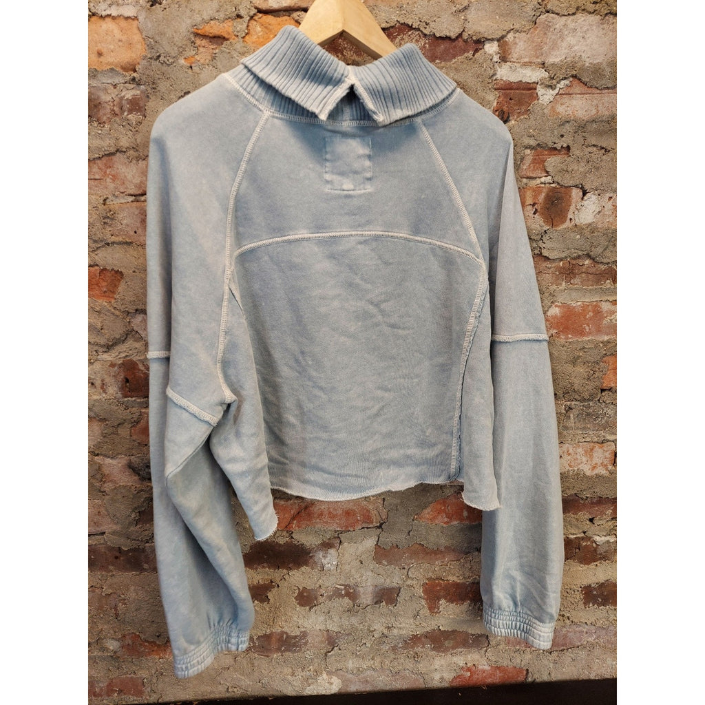 Aerie Womens Cropped Turtleneck Sweatshirt Size M Light Blue Faded Raw Hem