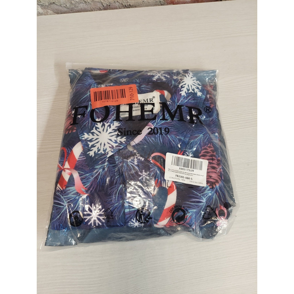FOHMR Mens Christmas Snow Print Novelty Button Down Long Sleeve Shirt S Small