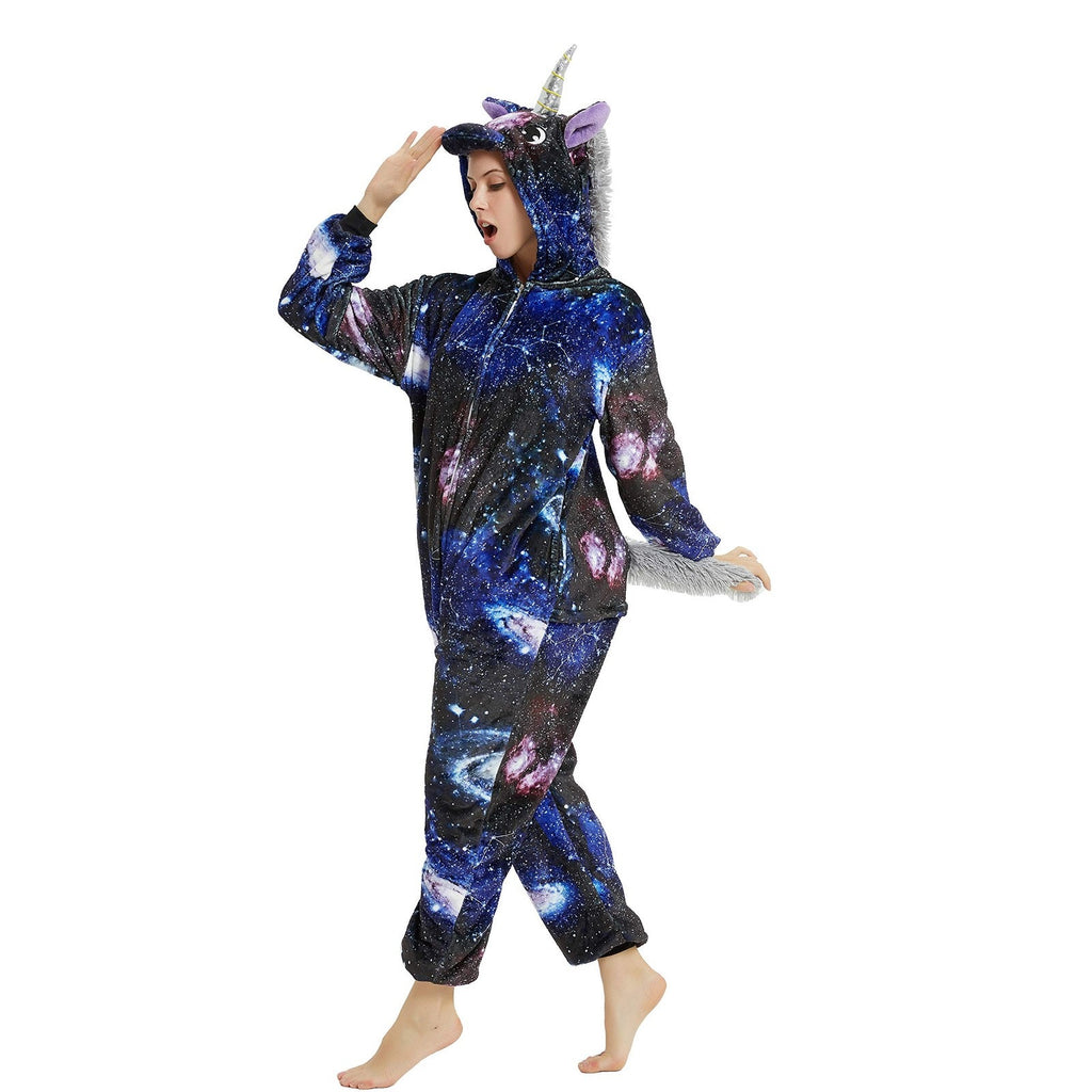 Unicorn One Piece Adult XL Galaxy Print Plush Hooded Pajamas Sleepwear Costume