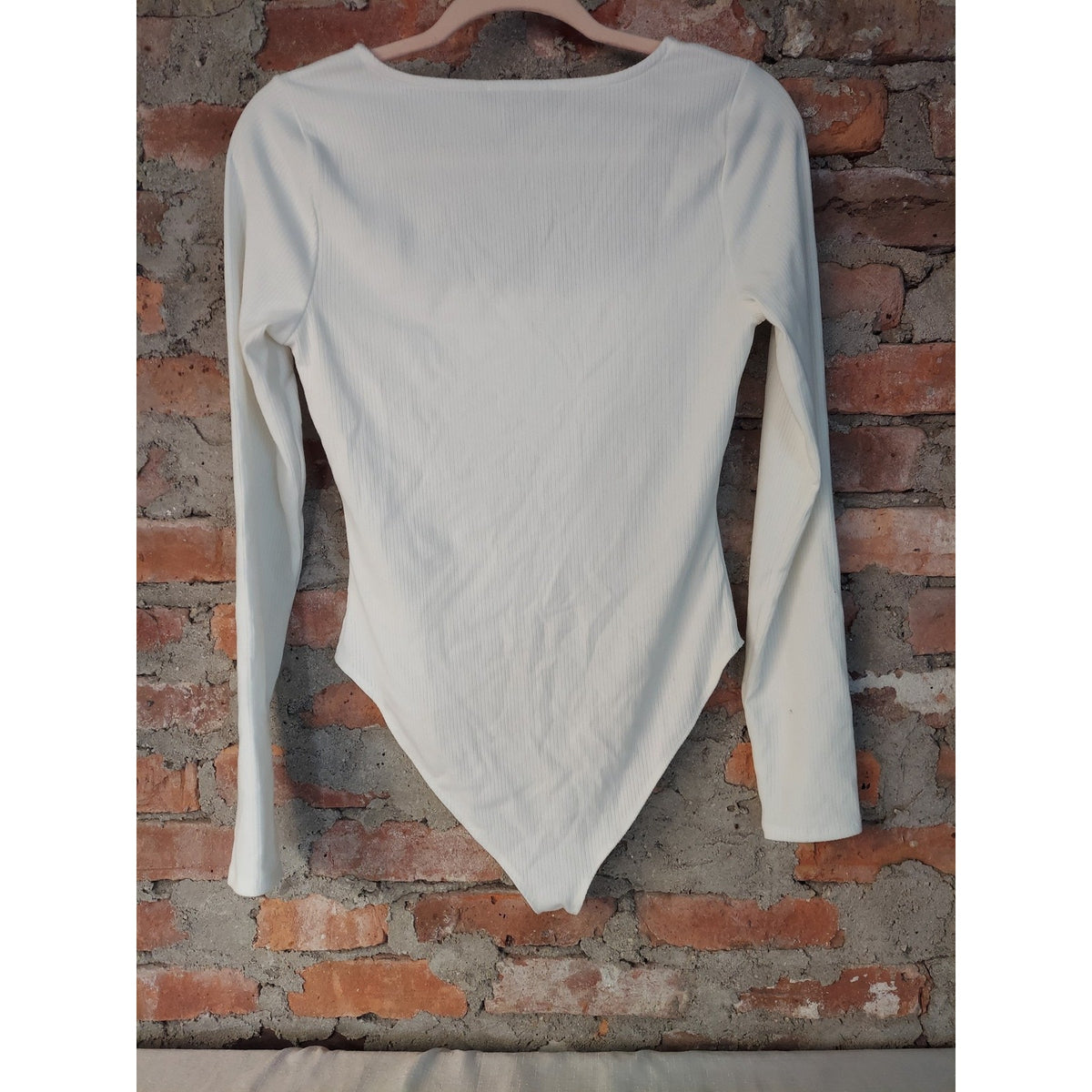Forever 21 Womens Bodysuit L White Square Neck Long Sleeve Ribbed Knit Stretch