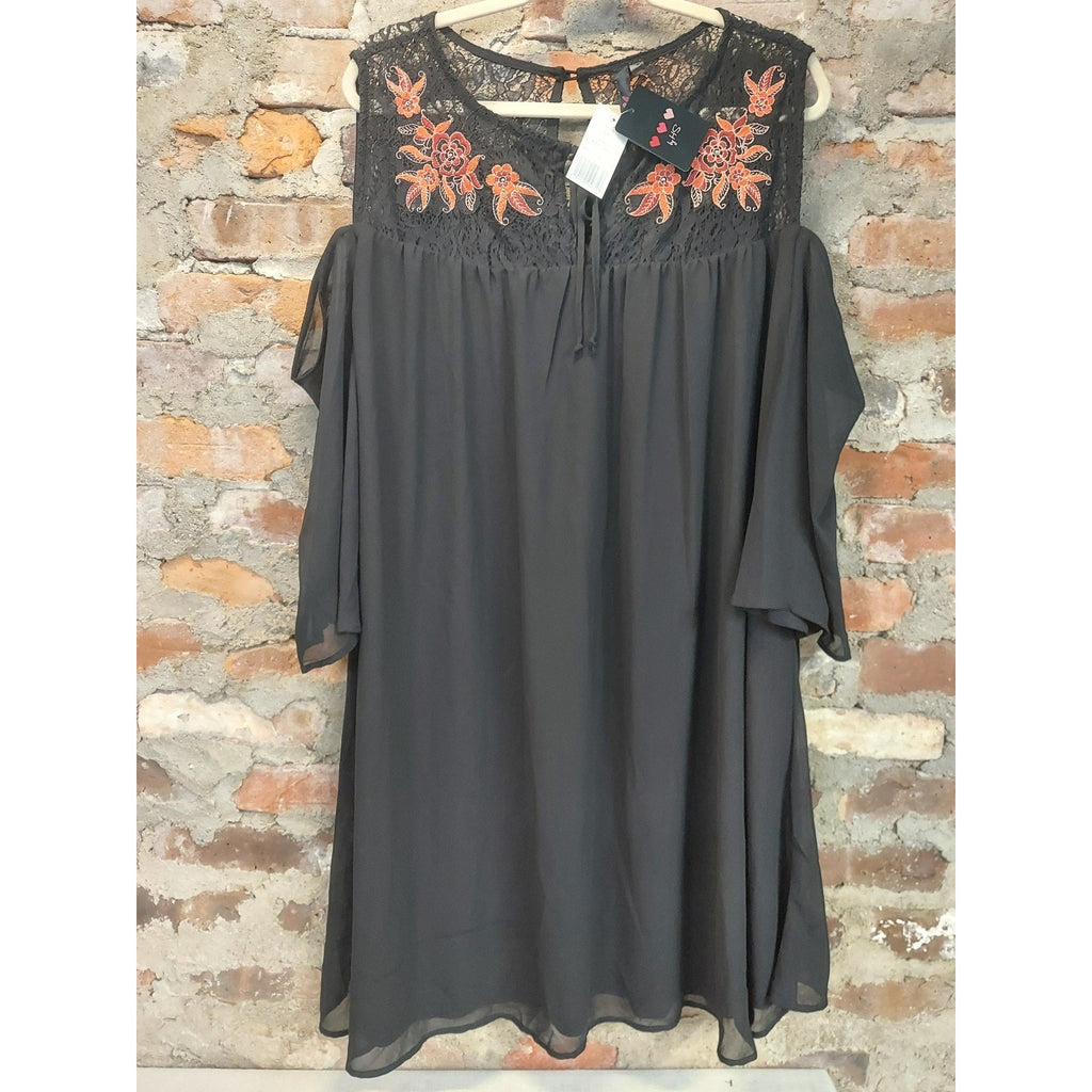 Sh by Shy Dress Womens 2X Black Cold Shoulder Lace Yoke Embroidered Flowy NWT