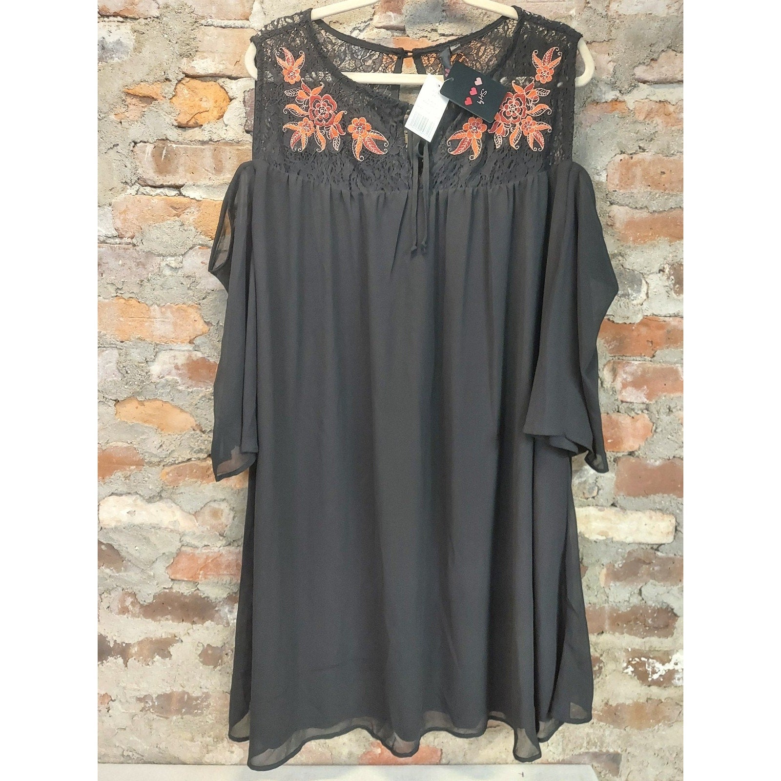 Sh by Shy Dress Womens 2X Black Cold Shoulder Lace Yoke Embroidered Flowy NWT