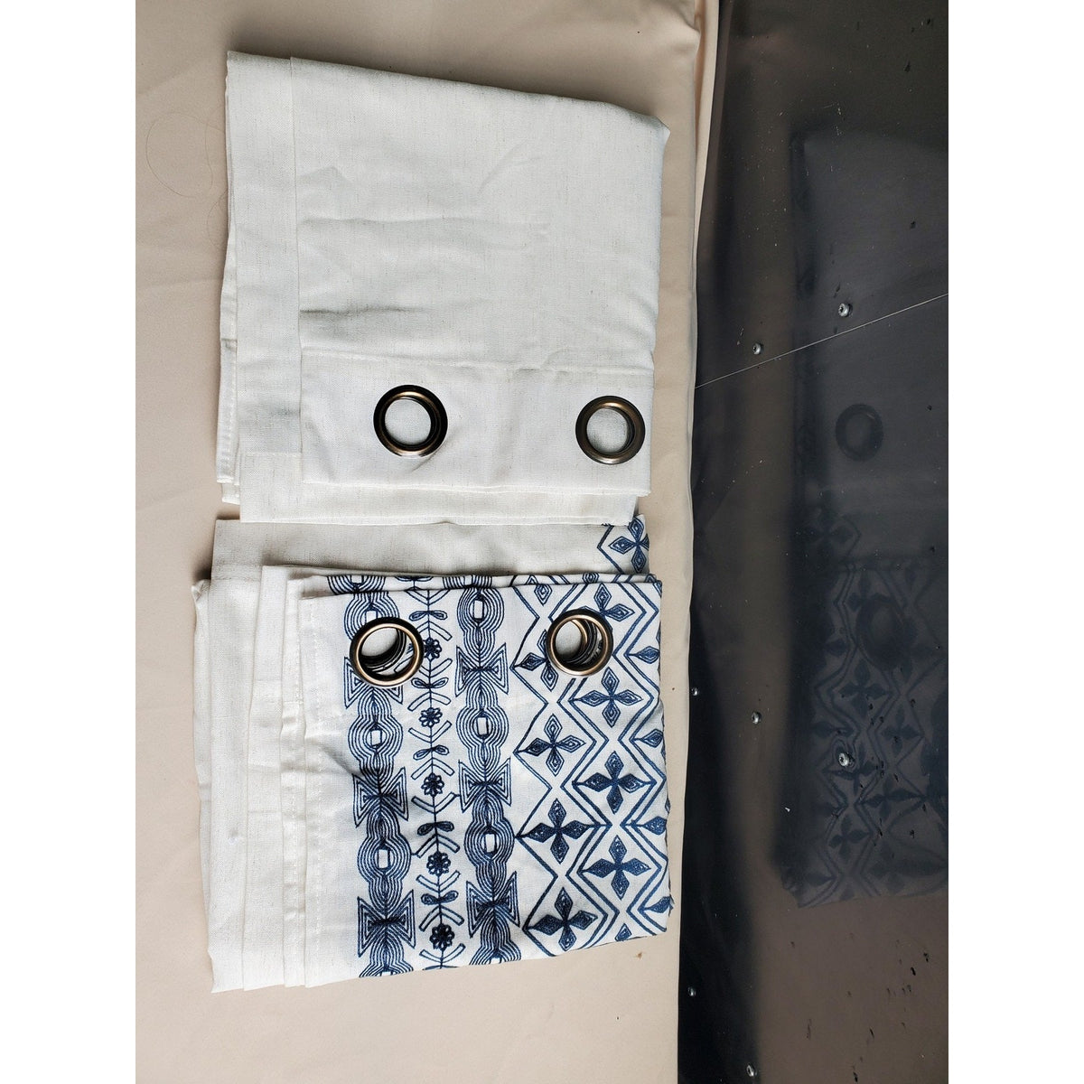 Bohemian Embroidered Grommet Top Window Curtain Panels Pair Blue Cream Geometric