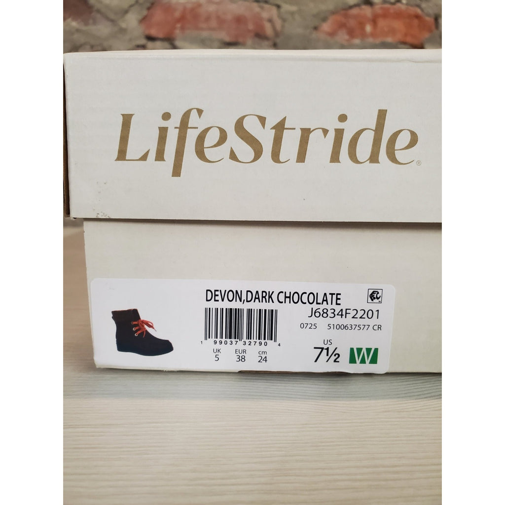 LifeStride Womens Ankle Boots Devon 7.5W Dark Chocolate Suede Moccasin Shearling
