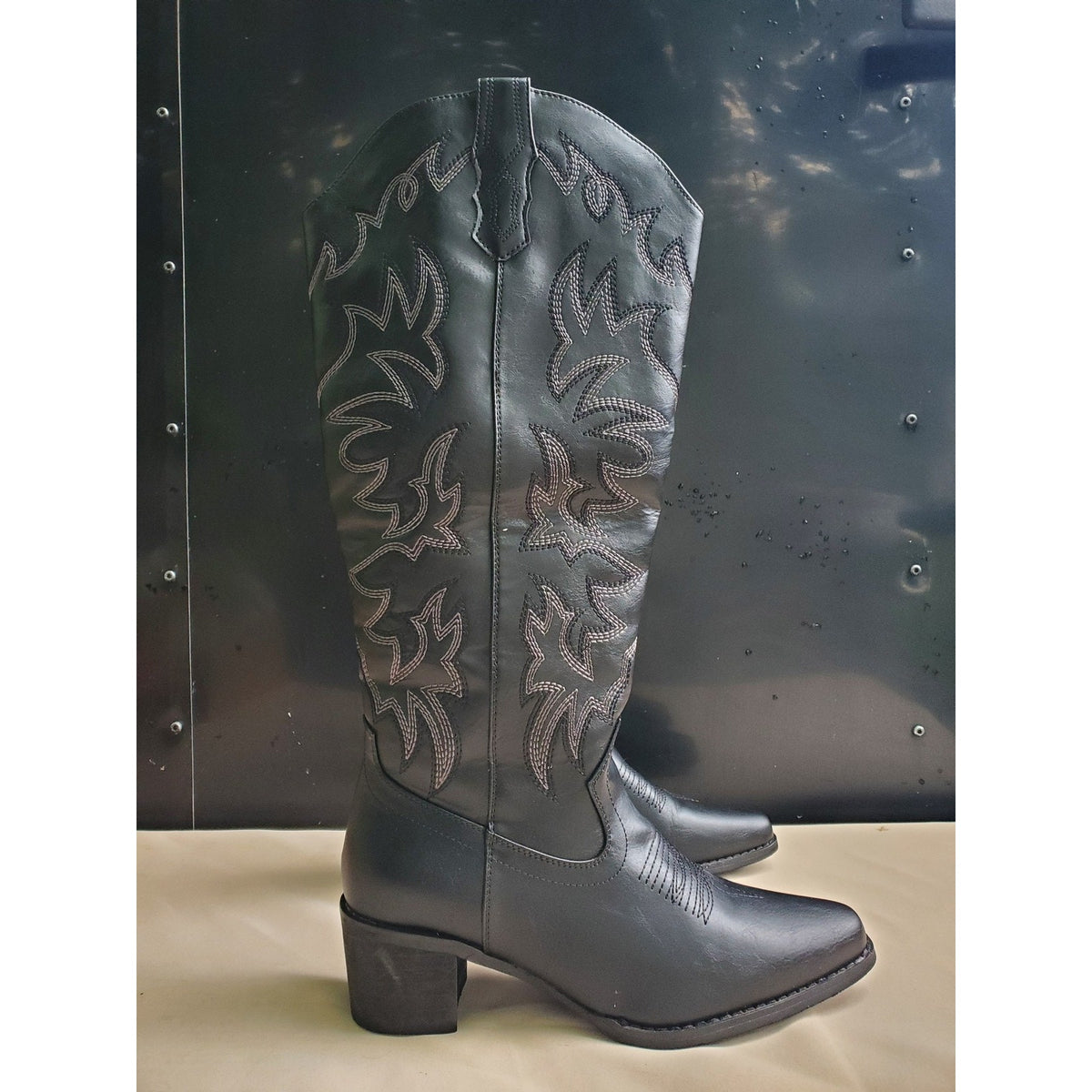 TLV Womens Cowboy Western Boots Size 7 Black Knee High Embroidered Pointed Toe