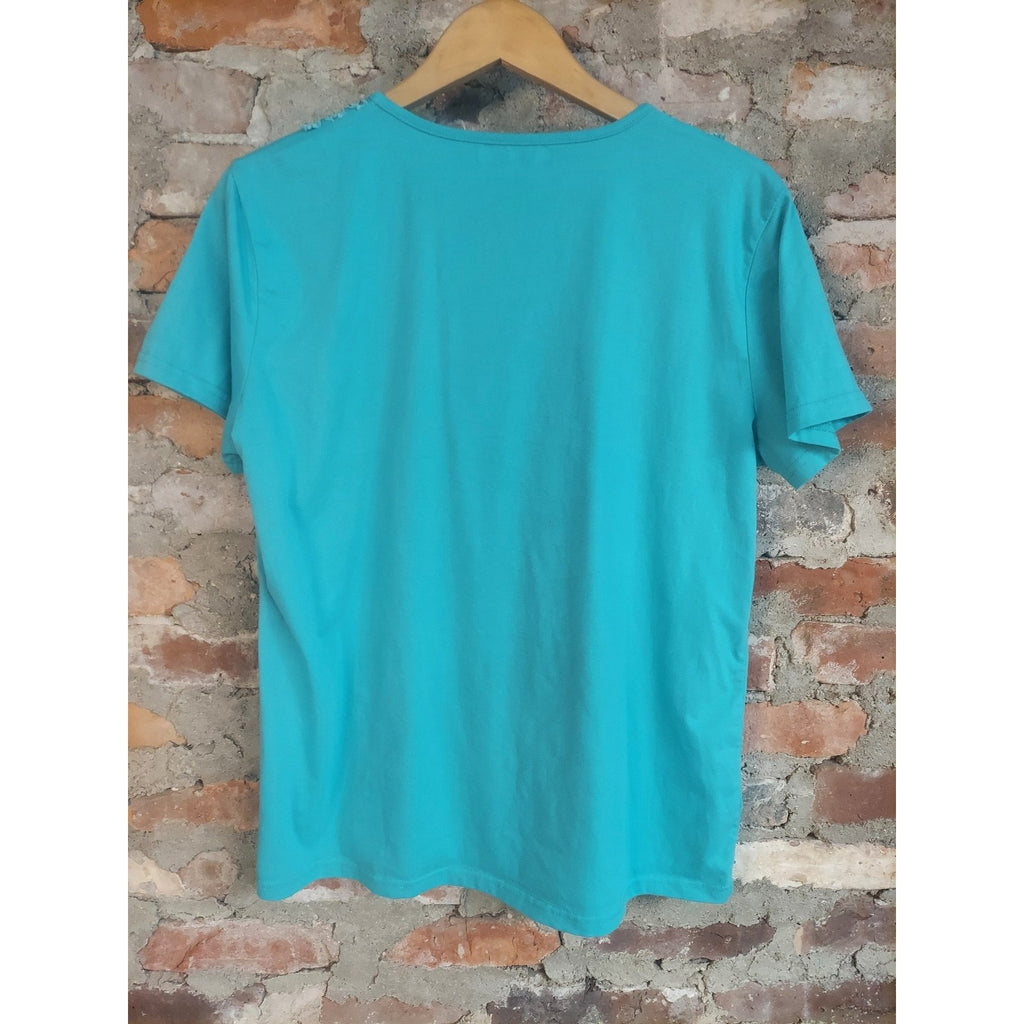 Kupina-pitt Womens T Shirt XL XXL Teal Lace Rhinestone Neck Short Sleeve