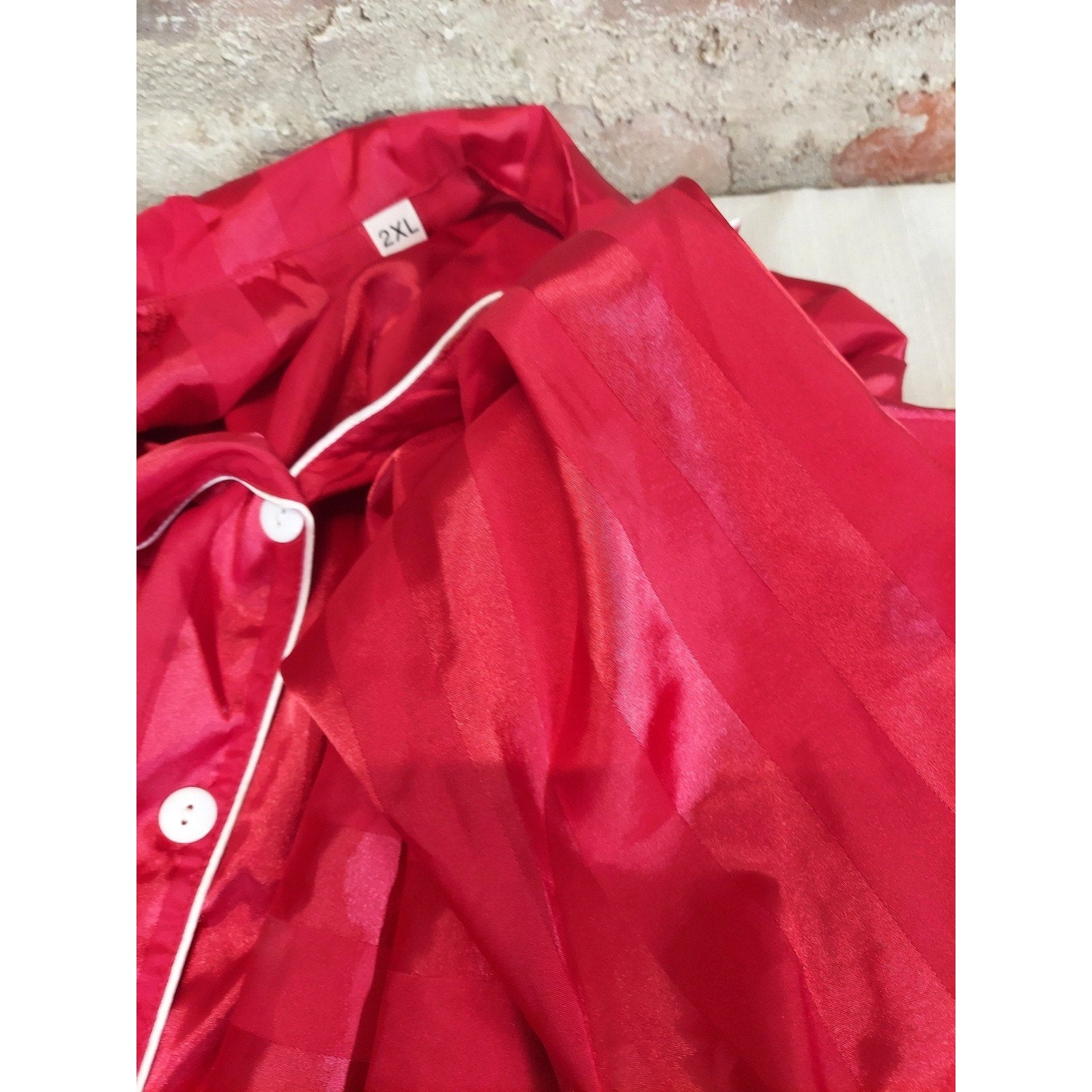 Womens Pajama Set 2XL Red Striped Button Down Silky Loungewear Sleepwear