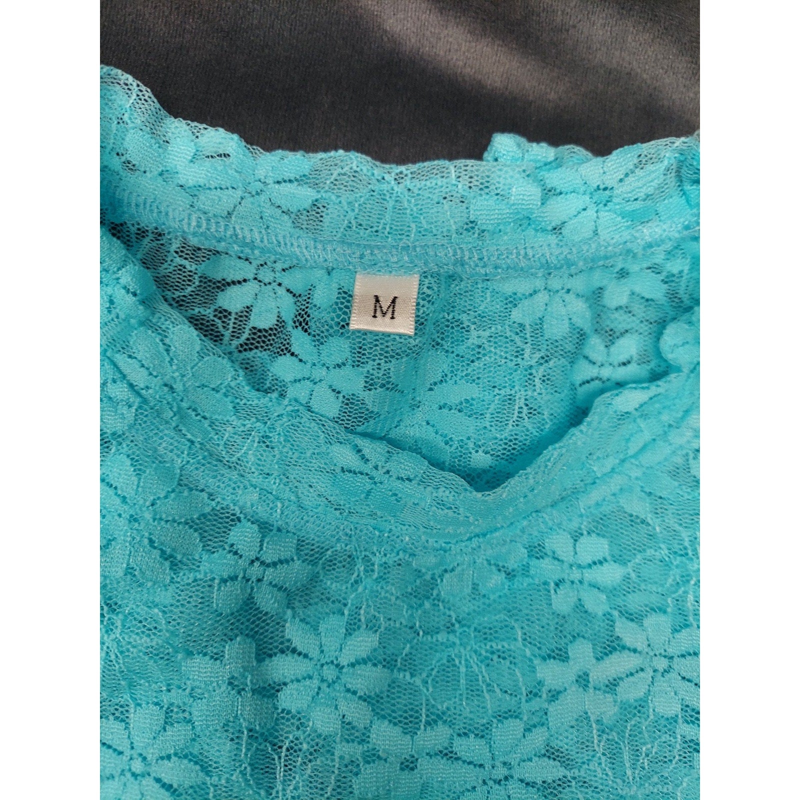 Womens Lace Top M Medium Teal Long Sleeve Floral Sheer Crew Neck Blouse Stretch